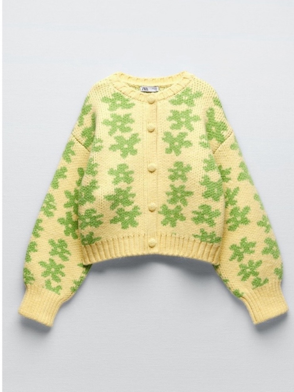 NWT Zara Yellow Floral Knit Cardigan Sweater Medium Crop Oversized
